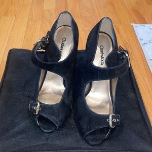 Double Buckle Peep Toe Suede Black Heels